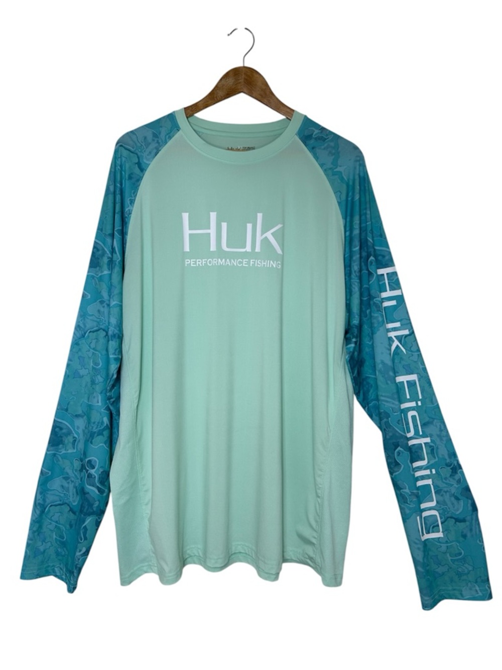 HUK Men's Double Header Aqua Blue Camo Long Sleeve +30 UPF Fishing Shirt XXL